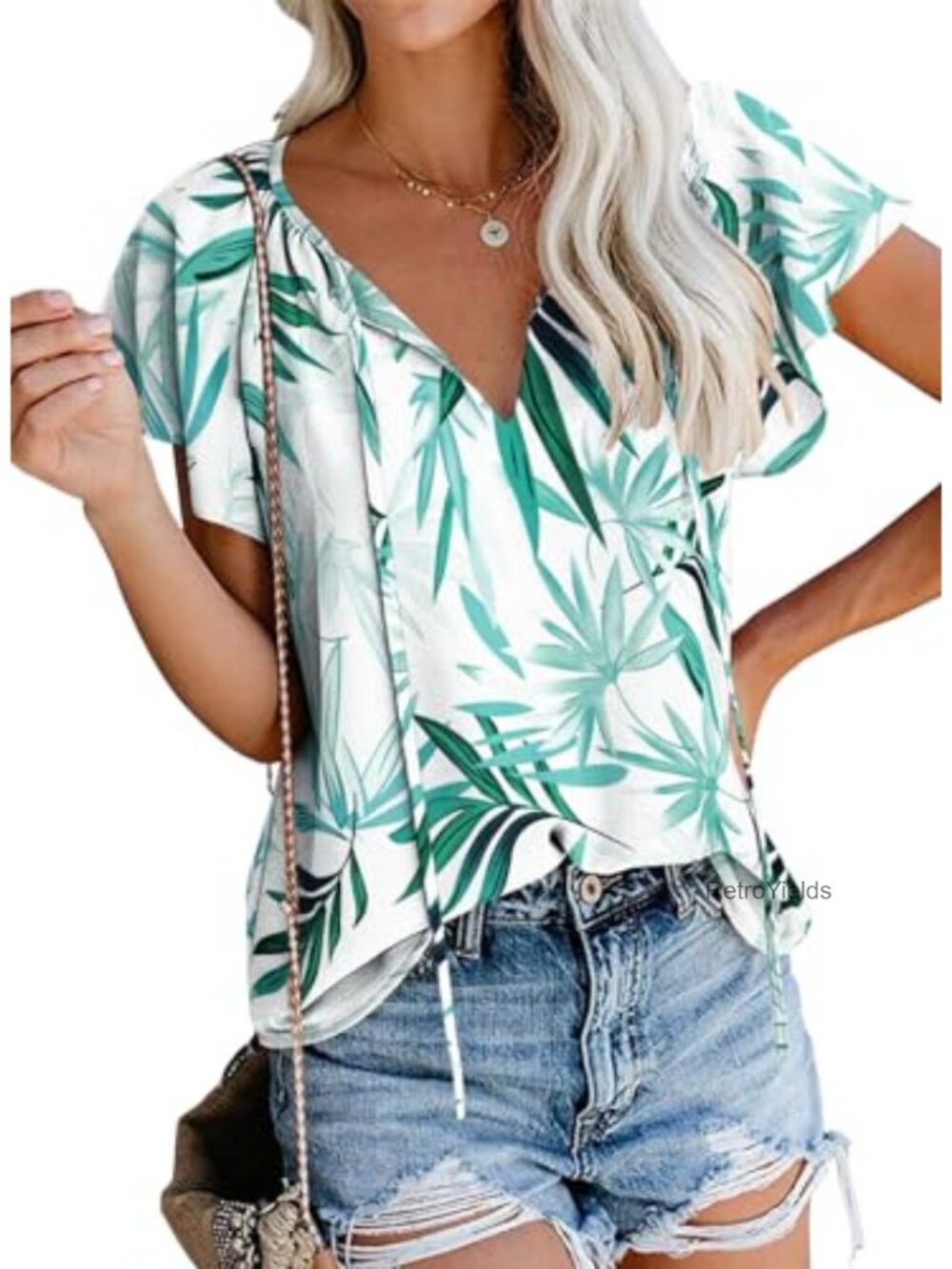 Boho Chiffon Blouse Floral V Neck Short Sleeve Summer Top